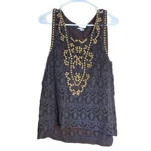 Black Sheer Ecote Gold Studded Tribal Southwestern Tank Top Small